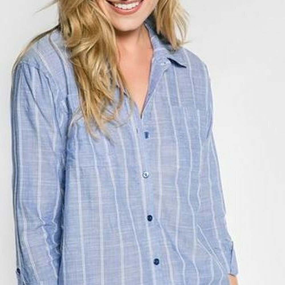 PJ Salvage "Feelin' Blue" Striped top women sz XSmall BNWT button up collar